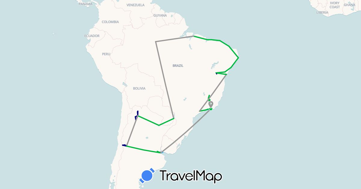TravelMap itinerary: driving, bus, plane, train, boat in Argentina, Brazil, Uruguay (South America)
